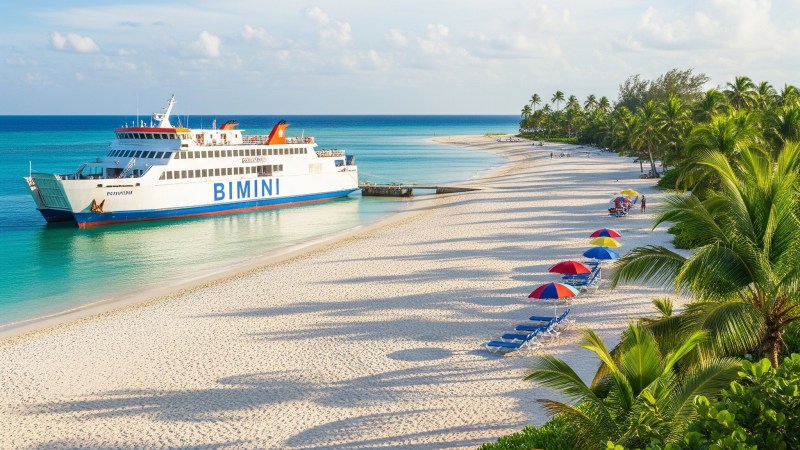 Cruise ship near a tropical beach with umbrellas and palm trees on a sunny day.