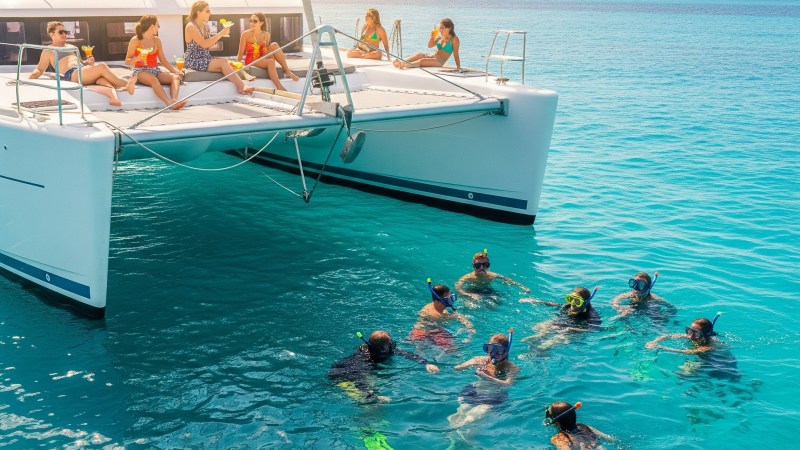 People lounging on a yacht, with several snorkelers swimming in clear blue water.